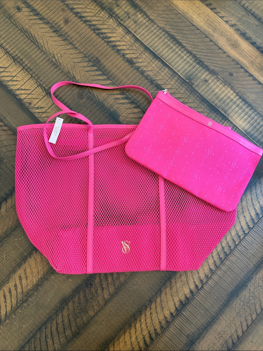 NWT Victoria's Secret Hot Pink Mesh Tote with Matching Zip Pouch